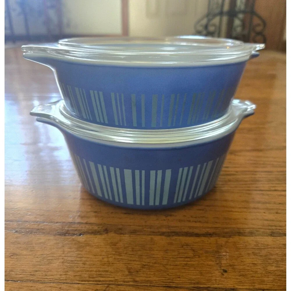 Vintage Pyrex Barcode Blue Stripes 471 & 472 W/ Lids Casserole Dishes